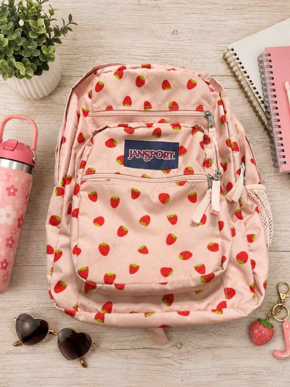 JanSport Pink Strawberry Print Backpack School Bag Cute